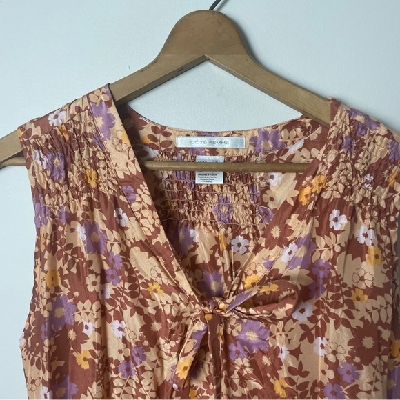 [Cote Femme] Size: 6 Rust Orange Floral Print 100% Silk Sleeveless Tank Top - Picture 2 of 8
